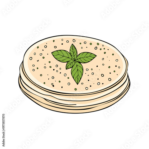 Stack of savory crepes or pancakes garnished with fresh basil leaves and herbs