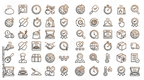 Pizza delivery and cooking service icon set in line style. A collection of pizza linear icons including delivery, toppings, chef, oven, ordering, crust, box, tracking
