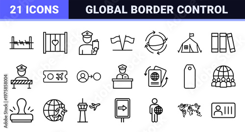 Global migration and border security line icons for immigration and citizenship.