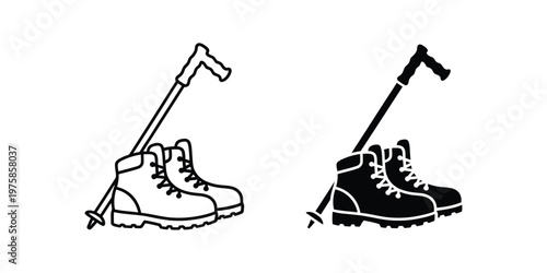 Hiking boots and trekking pole outline and solid black silhouettes set