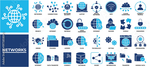 Networks icon set collection. Containing link, question, share, transfer, database, puzzle, computing .Solid vector icons collection