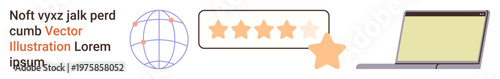 Global communication, digital feedback, business rating, customer reviews, online interactions, networking. A globe, a star rating system and a laptop. Digital feedback and global communication