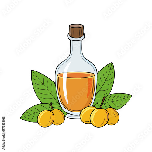 Glass bottle of golden essential oil with fresh fruit and green leaves isolated on white