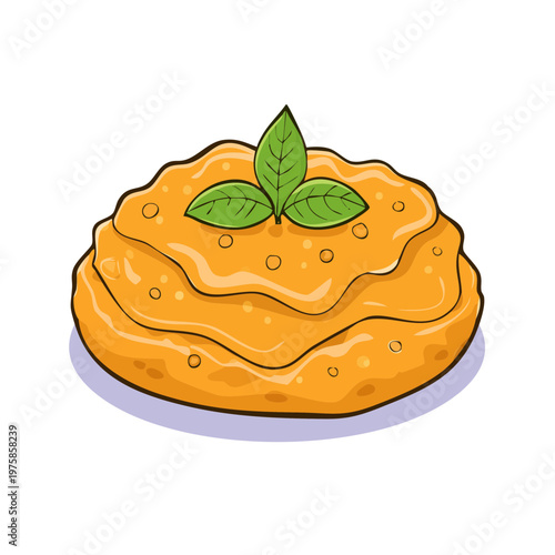 Deliciously illustrated orange puree or hummus garnished with fresh green basil leaves