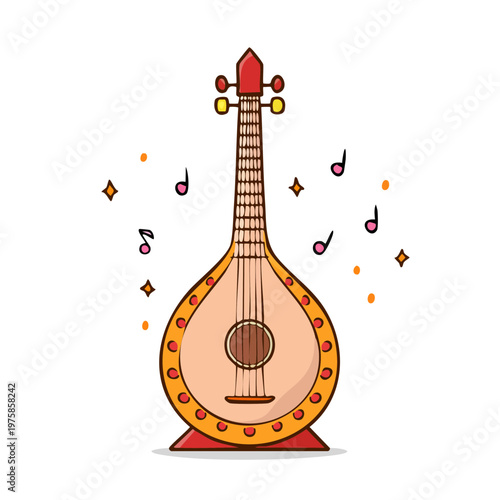 Whimsical lute with musical notes and sparkles illustration for creative projects