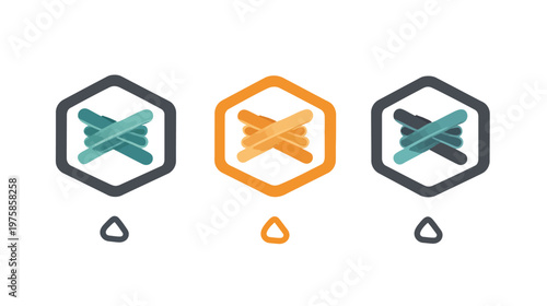 Three hexagonal designs with crossed elements in different colors, with teardrop shapes below