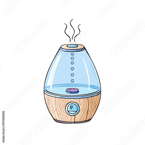 Modern teardrop shaped humidifier with wood grain base releasing steam for air freshness