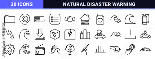 Natural disaster emergency line icons set for safety and crisis management.