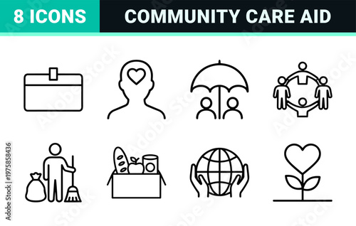 Charity and social welfare line icons for non-profit and community support