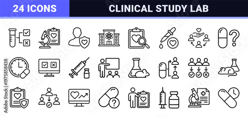 Clinical trial and medical laboratory research outline icon set