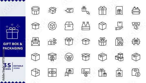  Pixel Perfect,  Box and packaging line icon set. Cargo, open, closed, crumpled box, delivery, pack box and others. Outline vector icon in linear style.
