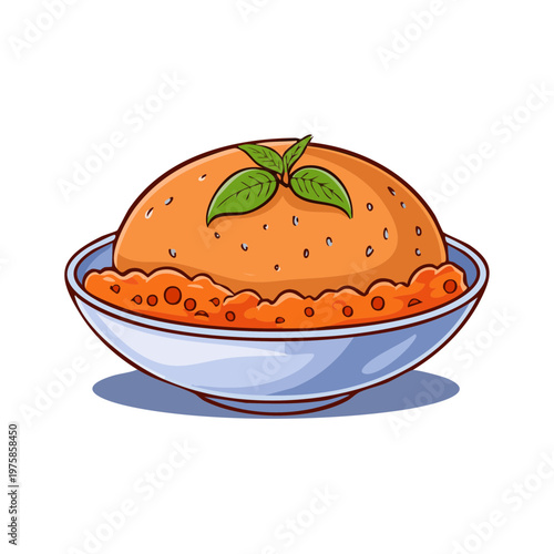 Delicious orange dessert with green mint leaves served in a white bowl