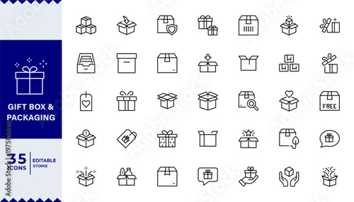  Pixel Perfect,  Box and packaging line icon set. Cargo, open, closed, crumpled box, delivery, pack box and others. Outline vector icon in linear style.