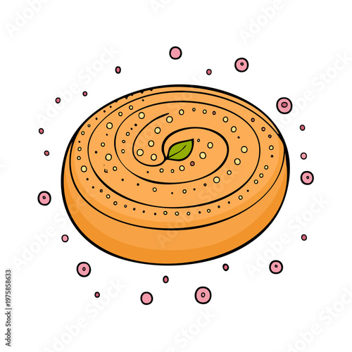 Hand Drawn Swirl Pastry Dessert with Mint Leaf and Pink Bubbles