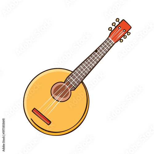 Yellow round string instrument with fretted neck and tuning pegs