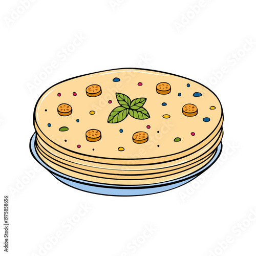 Stack of golden crepes topped with fresh basil and small circular food decorations on a plate