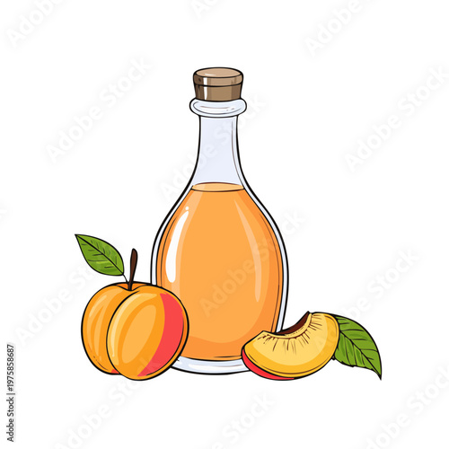 Glass bottle filled with golden peach juice surrounded by fresh peaches and slices