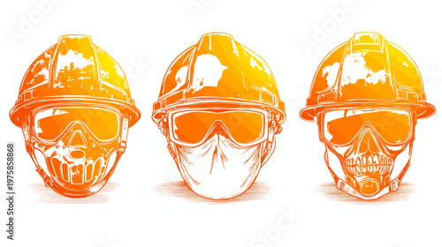 Artistic depiction of three skulls wearing protective gear, helmets, and masks
