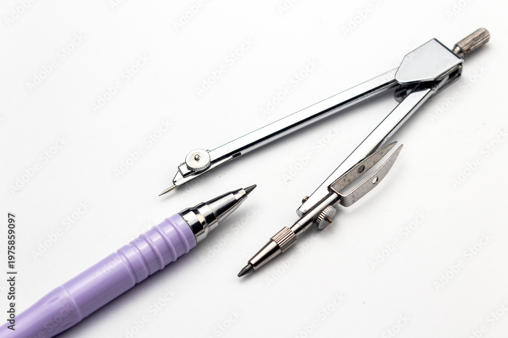 Fototapeta premium drawing pen compass and mechanical pencil isolated on white background. Drawing instrument
