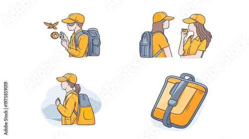Illustration featuring four different scenes people with backpacks, drinking, and a suitcase