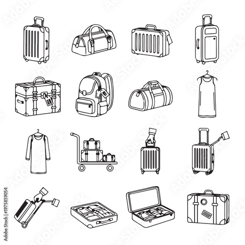 Assorted Luggage and Travel Bags Collection Isolated Line Art Sketch Illustrations
