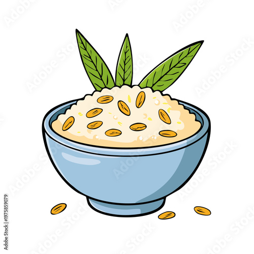 Healthy Oatmeal with Pine Nuts and Green Leaves in Blue Bowl