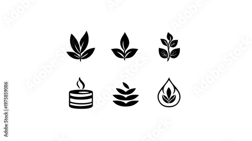 Black and white icons of leaves and candle, arranged in two rows of three on a white background