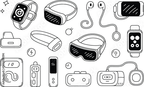 Hand-drawn doodle collection of wearable technology, including vr headsets, smartwatches, fitness trackers, wired earphones, and various electronic gadgets in a black and white line style