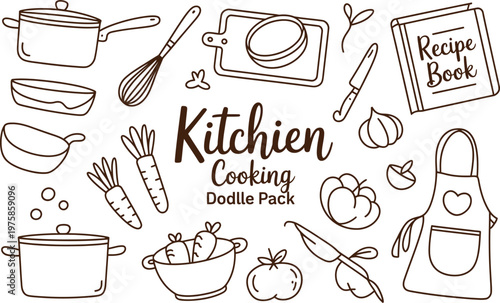 Hand-drawn doodle collection of kitchen and cooking utensils, including pots, pans, a whisk, a recipe book, an apron, carrots, and various vegetables on a plain white background