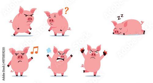 Group of pink pigs showing various facial expressions and emotions such as anger, happiness, and sleepiness.