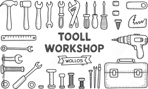 Hand-drawn doodle collection of construction tools, including a hammer, wrenches, screwdrivers, drill, ruler, bolts, nuts, and a toolbox, arranged around the text tooll workshop on a white background
