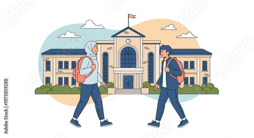 Two happy students with backpacks walking towards their modern school building on a bright and beautiful day.