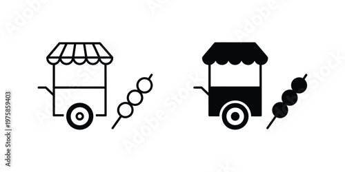 Street food cart with skewered meatballs, outline and solid styles set
