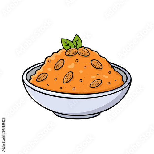 Wholesome bowl of vibrant orange halwa dessert topped with almonds and fresh mint leaves