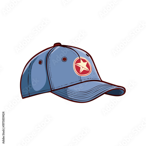 Stylized illustration of a blue baseball cap with a red star emblem and white brim detail