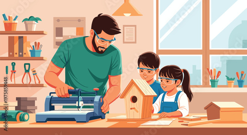 Skilled father teaching his young son and daughter how to build a wooden birdhouse in a well equipped workshop.