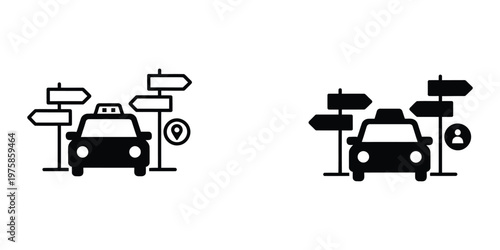 Taxi car with directional signposts and location or user symbols set