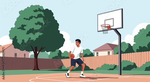 Young man playing basketball alone on an outdoor court in a residential neighborhood during a clear sunny day.