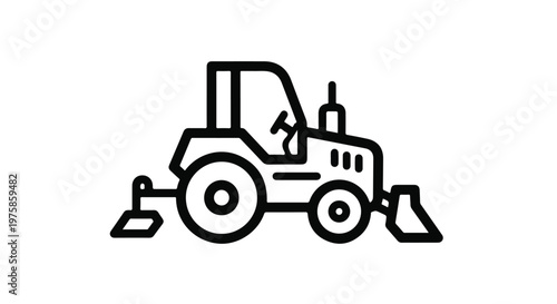 Black Outline Tractor with Plow and Cultivator Vector Icon