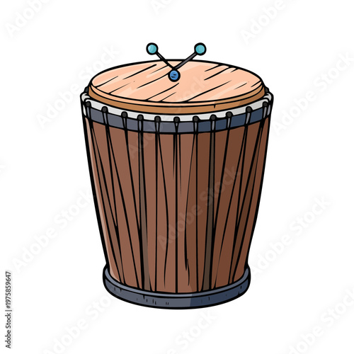 Hand-drawn illustration of a tall wooden African djembe drum with visible lacing