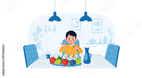 Healthy young boy sitting at a dining table and enjoying a nutritious meal filled with various fresh vegetables.