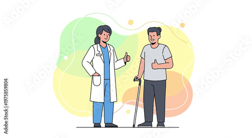 Doctor and patient with cane, recovery, thumbs up, healthcare, rehabilitation