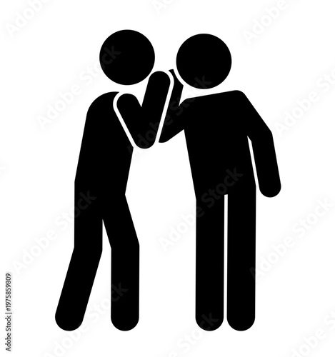 Two people whispering to each other figure man style, telling a secret symbol