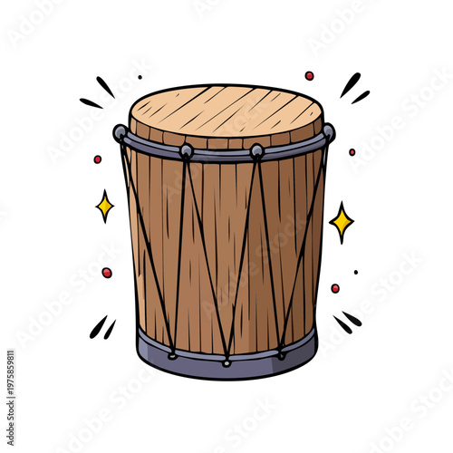 Illustration of a traditional wooden percussion drum with sparkling celebratory accents