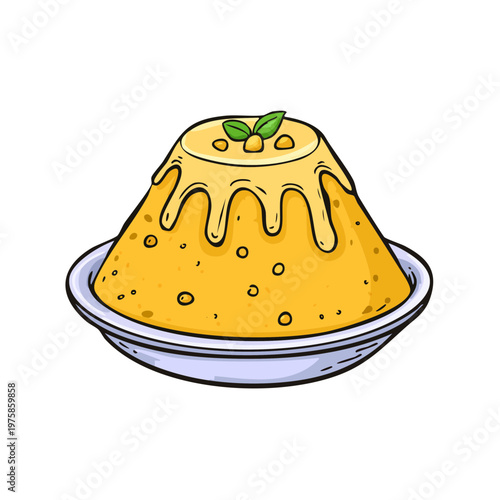 Delicious golden dessert with creamy topping and fresh mint leaf on a white plate