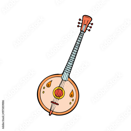 Stylized banjo with warm colors and simple design suitable for children's media and folk music themes