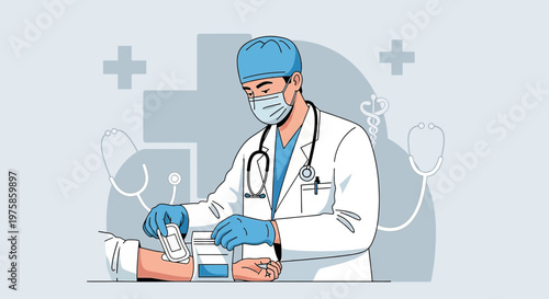 Doctor applying bandage on patient's arm, medical care, healthcare, clinic, hospital, doctor's office