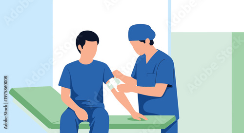 Doctor Applying Bandage to Patient's Arm After Medical Procedure in Clinic