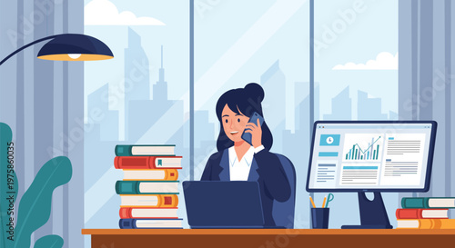 Professional businesswoman talking on her smartphone while working at a desk in a modern office with city views.