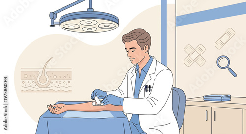 Doctor Applying Bandage to Patient's Arm After Medical Procedure in Clinic